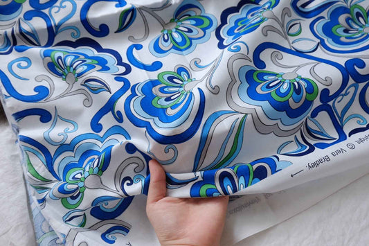 Blue Mod Floral Designer Deadstock Cotton Fabric - 1.64 Yards