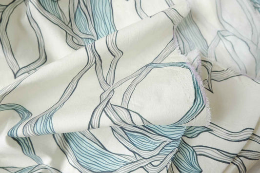 Abstract Botanical Stretch Cotton Poplin Fabric, Crisp Shirting Weight, 1.64 Yards