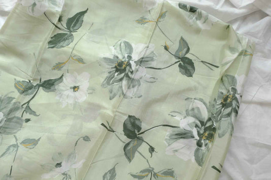 Soft Green Floral Tencel Satin Fabric, Lightweight Drapey Dress Weight, 2.19 Yards