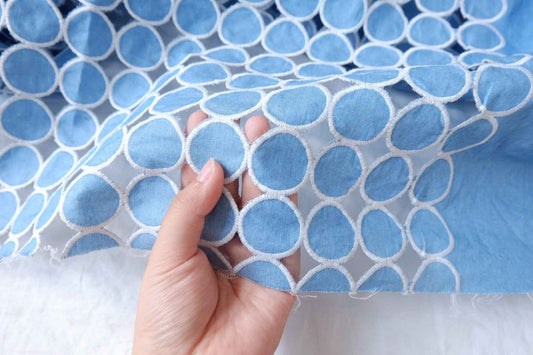 Blue Circle Eyelet Embroidered Denim Fabric - 1.75 yd