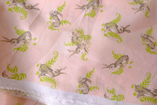 Lightweight Cotton Poplin Fabric, Pink Bunny and Fern Print, 1.64 Yards
