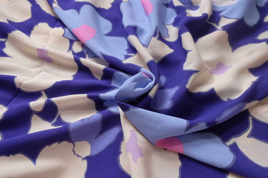 Bold Blue Pink Floral Plant Fiber Dress Fabric, Sold by the yard