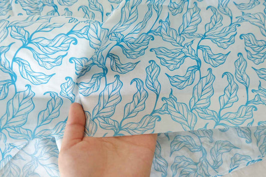 Coastal Blue Leaf Sketch Cotton Lawn Fabric – 1.42 yd Piece