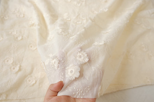 White 3D Embroidered Cotton Fabric, 2.19 Yards