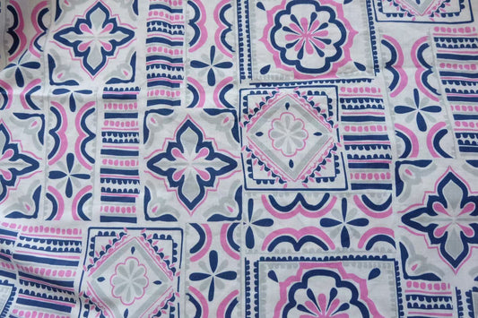 Pink & Blue Tile Print Cotton Linen – 1.5 Yards