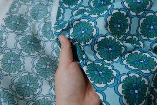 Teal Indian Floral Papery Cotton Poplin Fabric - 2.19 yd
