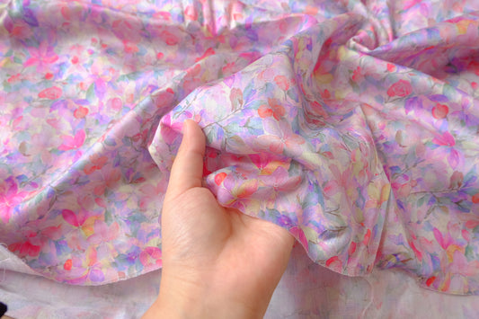 Watercolor Pink Floral Silky Cotton Sateen Fabric - 1.64 yd