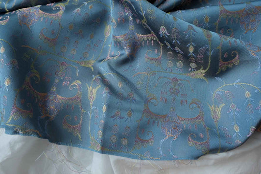 Silk Double-Sided Brocade Fabric, Fantasy Creature Jacquard in Dusty Blue, 2.19 Yards