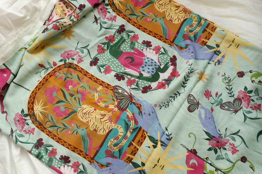 Storybook Tiger & Shell Lyocell Linen Blend Fabric, Soft Cool Dress Weight, 3.28 Yards