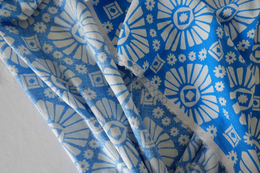 Blue Geometric Floral Cotton Linen Fabric – 1.6 yd
