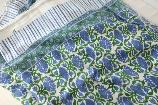 Blue Green Floral Border Print Cotton Linen Fabric - 2.2 yd