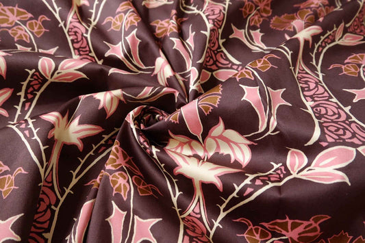Brown Pink Floral Stretch Cotton Sateen Fabric - 1.64 yd