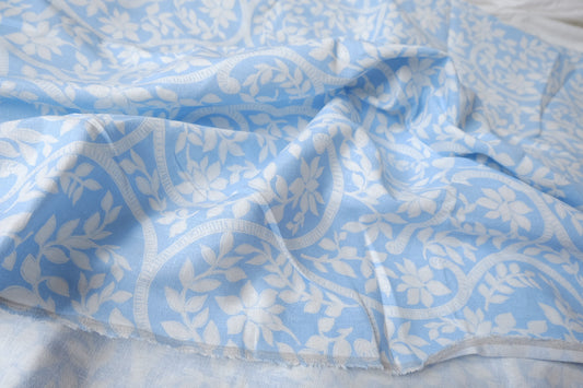Sky Blue Vine Motif Structured Cotton Linen — 1.64 yd