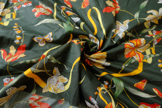 Dark Green Lily Ribbon Cotton Lawn Fabric - 3.72 yd