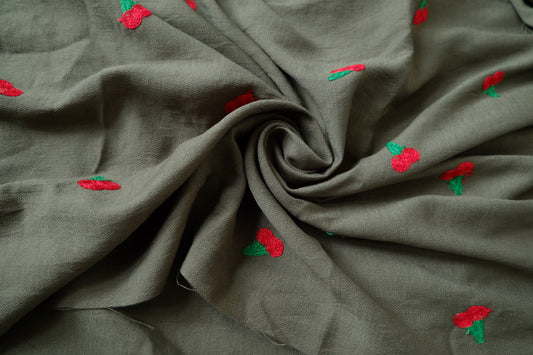Cherry Embroidered Linen Cupro Blend Fabric, 2.19 Yards