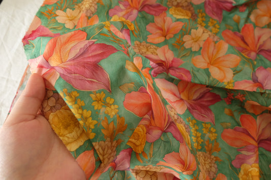 Tropical Floral Cotton Lawn Fabric in Green - 3.3 yd