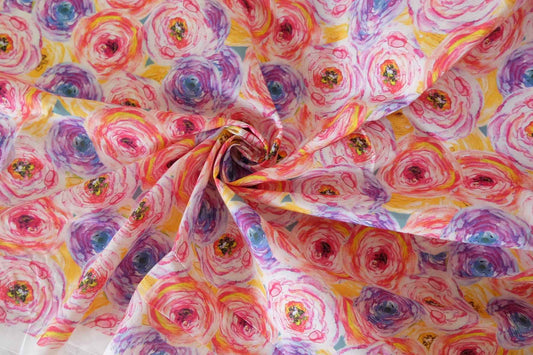 Watercolor Floral Cotton Lawn Fabric – Bright Painterly Garden Print (3.8 yd Cut)