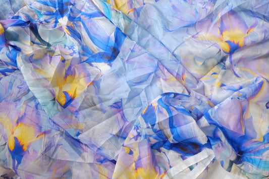 Large-Scale Blue Floral Silk Cotton Blend Fabric - 3.28 yd