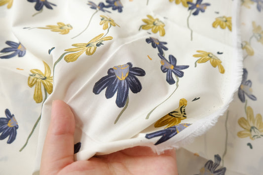 Hand-Drawn Yellow & Navy Floral Cotton Lawn Fabric - 3.28 yd
