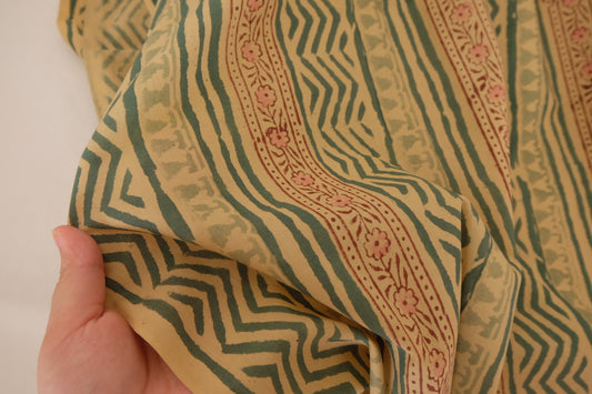 Traditional Indian Hand Block Printed Cotton Fabric – Green Geometric Stripe Pattern – Sold by the Meter