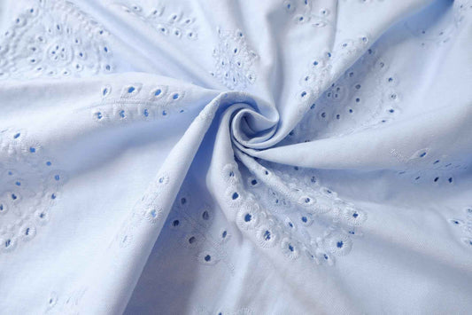 Powder Blue Embroidered Cotton Denim Fabric, Midweight for Trousers, 1.64 Yards