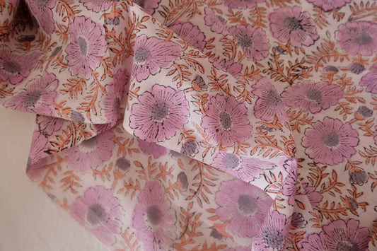 Traditional Indian Hand Block Printed Cotton Fabric – Lavender Wildflower Pattern – Sold by the Meter