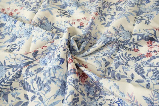 Blue Botanical Lyocell Nylon Fabric, Lightweight Breathable Dress Weight, 3.28 Yards