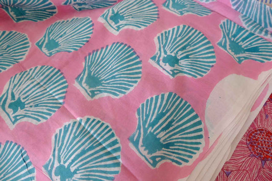 Hand Block Printed Indian Cotton Fabric – Shell Motif Pink Cotton – Sold by the Meter