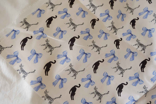 Ivory Cotton Sateen Fabric with Cat & Bow Print – Soft Structured Designer Cotton – 1.6 yd