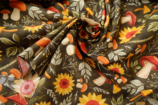 Autumn Mushroom & Sunflower Cotton Fabric, 3.28 Yards