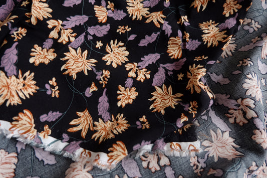 Dark Vintage Floral Rayon Challis Fabric - 3.28 yd