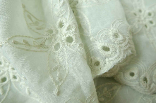 Embroidered Tencel Linen Fabric with Eyelet Lace Edge, Airy Dress Weight, 2.62 Yards