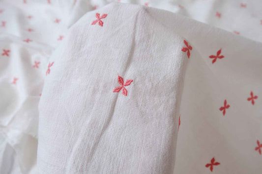 Soft White Slub Cotton Linen Embroidered Fabric, Pink Floral Sprigs, 2.19 Yards