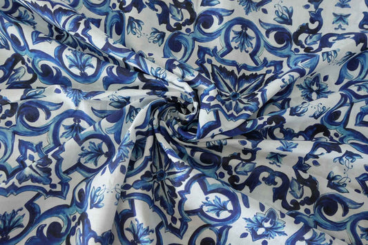 Blue Tile Border Print Cotton Voile Fabric – 3.3 yd