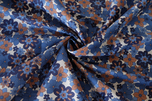 Retro Blue & Peach Flower Power Cotton Lawn – 2.2 Yards