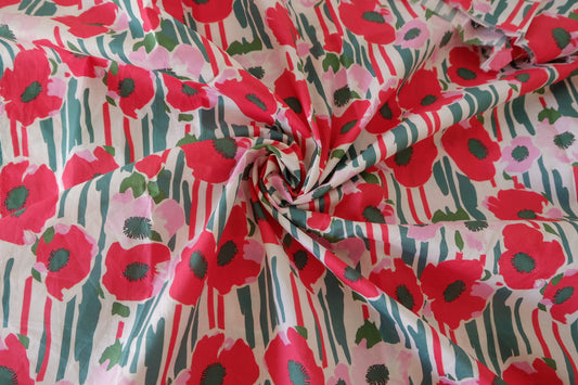 Retro Poppy Stripe Cotton Lawn Fabric – Red Floral Print (1.1 yd Cut)