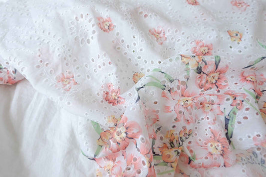 Floral Eyelet Embroidered Cotton Linen Fabric - 3.28 yd