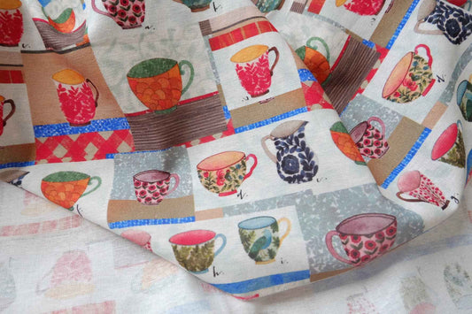 Teacup Collage Cotton Linen Fabric - 1.64 yd