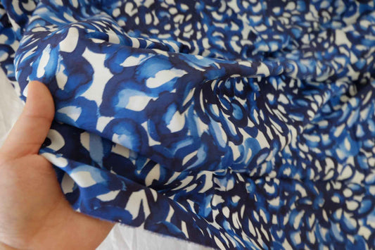 High-Drape Cupro Fabric – Abstract Blue Watercolor Floral Print-2.3 yd