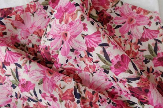 Border Floral Cotton Fabric, Double Border Dress Fabric in Pink, 3.28 Yards