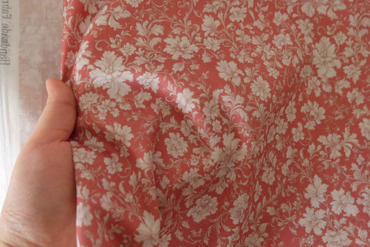 Coral Pink Floral Cotton Sateen Fabric – High Density Vintage Blossom Print – 1.7 yd