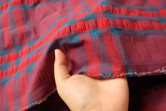 Blue Red Yarn-Dyed Seersucker Plaid Cotton Fabric, Crisp Medium Weight, 2.19 Yards
