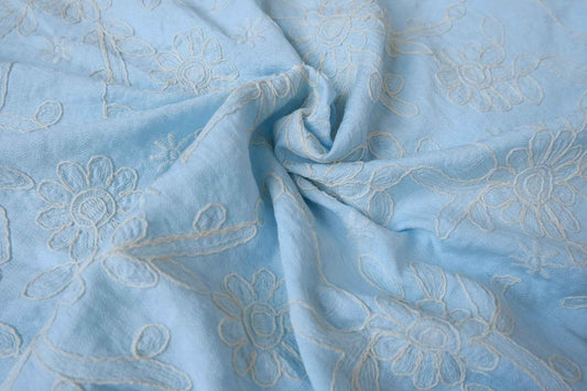 Blue Embroidered Tencel Linen Fabric - 2.19 yd