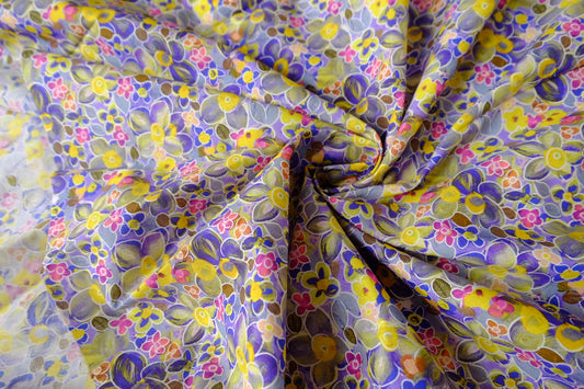 Painterly Purple Yellow Floral Cotton Lawn Fabric - 3.28 yd