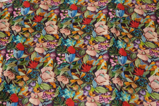 Silky Rayon Satin Fabric – Colorful Tropical Floral Print on Dark Background – 2.2 yd