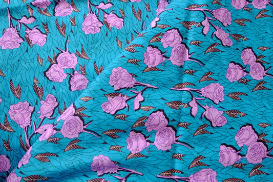 Teal Purple Rose Cotton Lawn Fabric - 2.30 yd