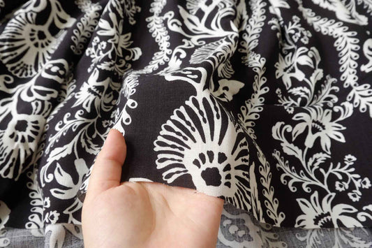 Bold Black and Ivory Floral Linen Cotton Fabric, Heavyweight Dress & Skirt Weight, 2.19 Yards / 1.64 Yards