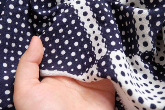Navy Dot Geometric Dress Fabric, Soft Rayon-Like Hand, 3.28 Yards