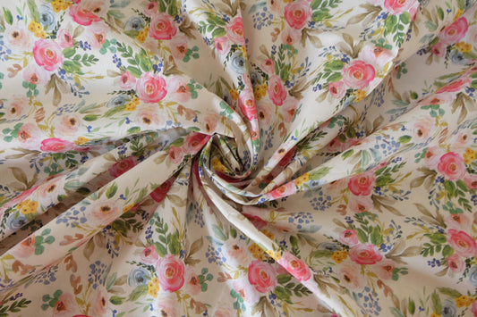 Watercolor Bouquet Cotton Lawn Fabric – Soft Spring Floral Print (1.6 yd Cut)