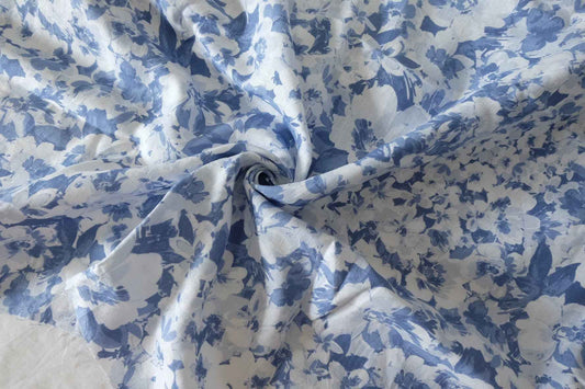 Blue Watercolor Floral Pure Linen Fabric – 2.1 yd